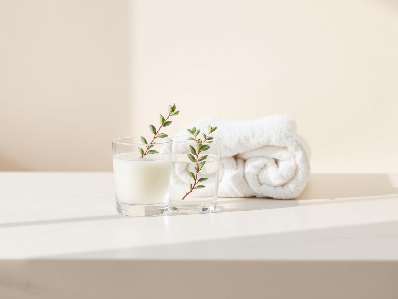 Calm editorial still life of towel and water in the clinic