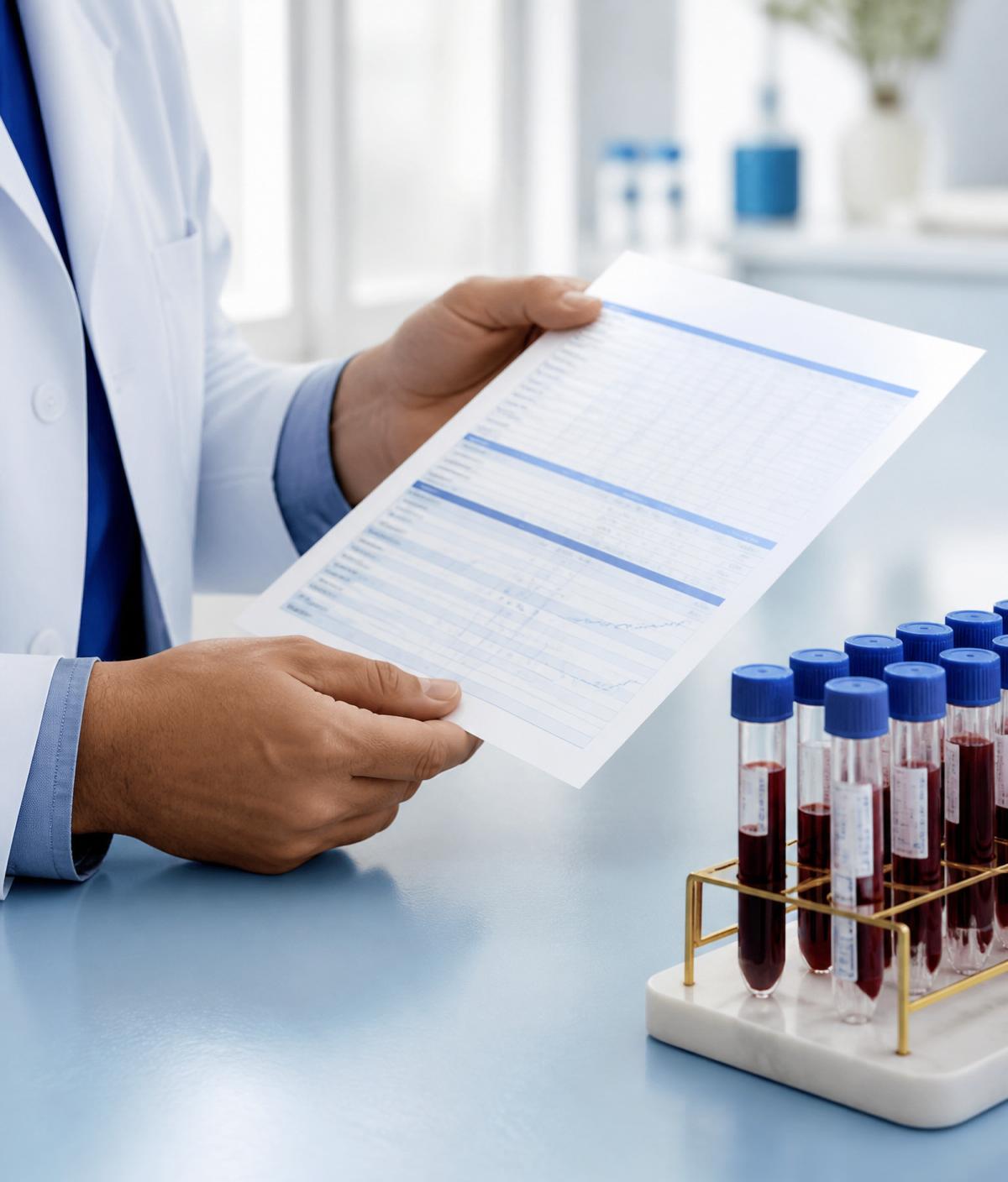 Clinician reviewing a personalised biomarker report next to blood sample vials